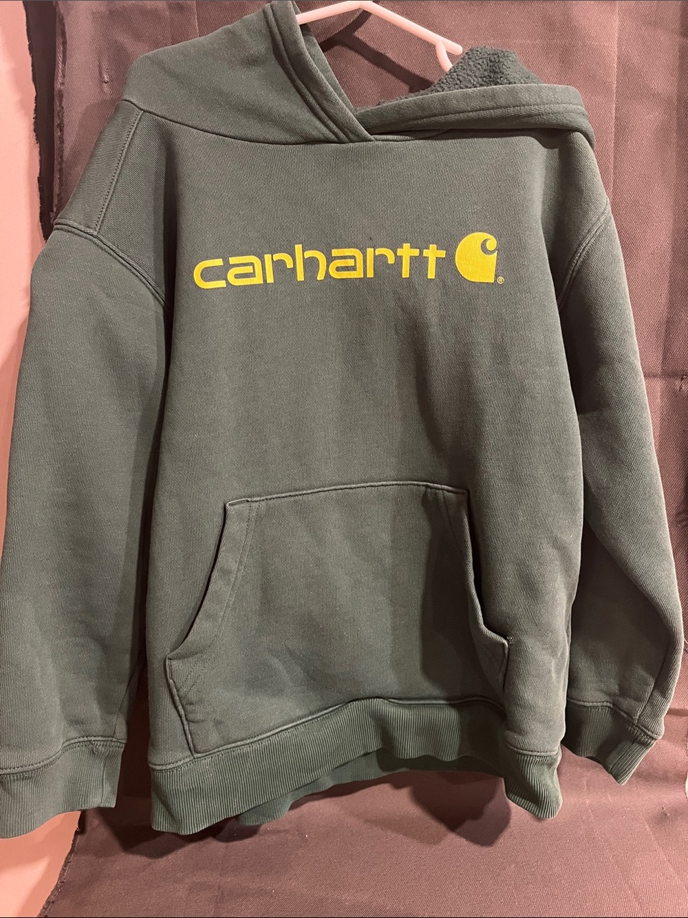 Carhartt Olive Green Hoodie with Yellow Logo Print